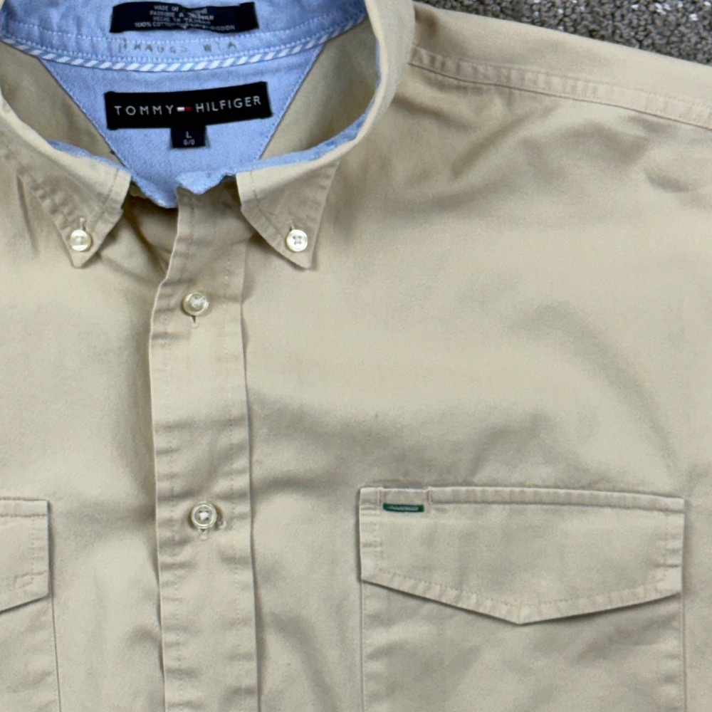 Vintage Tommy Hilfiger Shirt Mens L Khaki 2 Pocket Cotton Button Down 90s